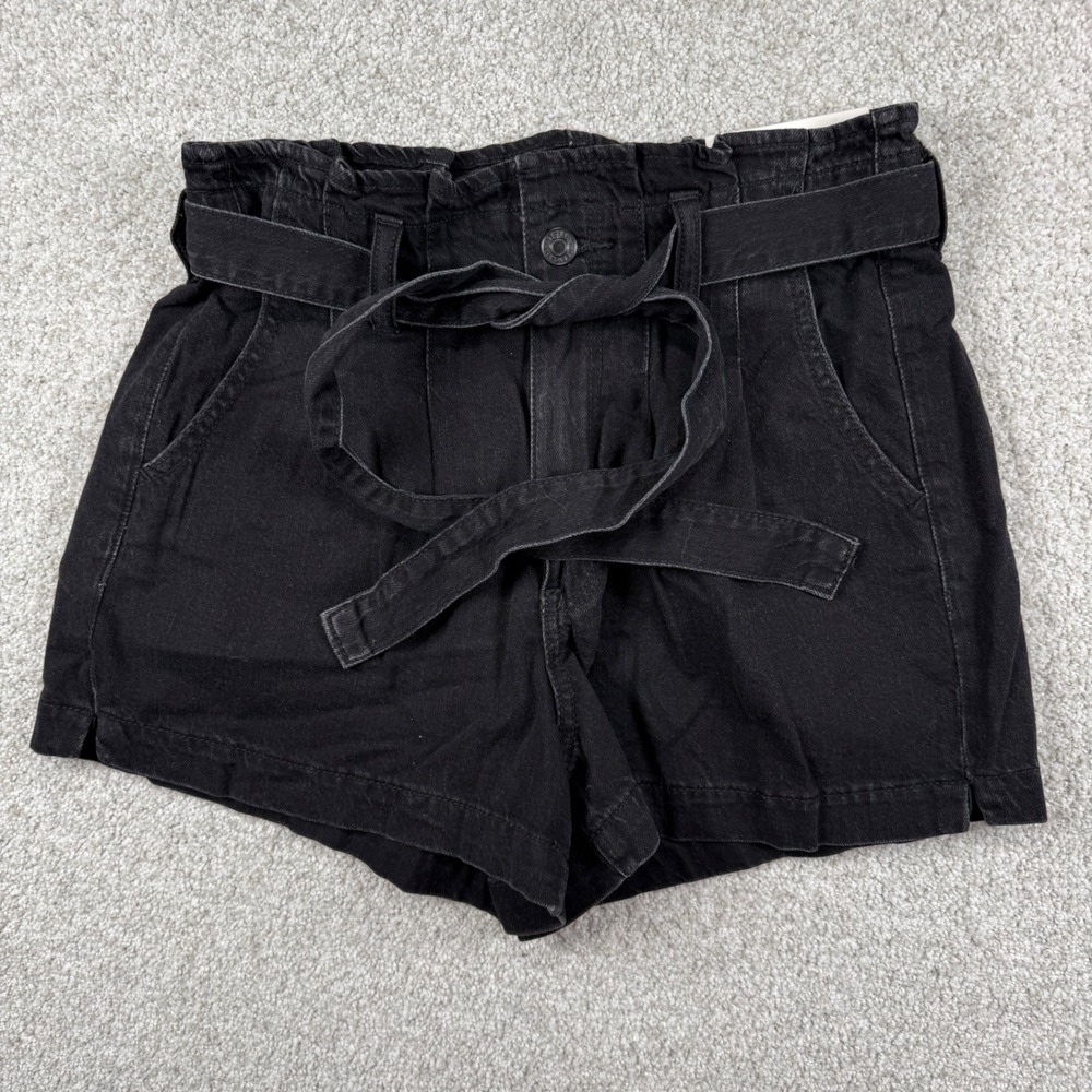 American Eagle Mom Shorts Women 4 Black Paperbag Waist Belted Denim High Rise
